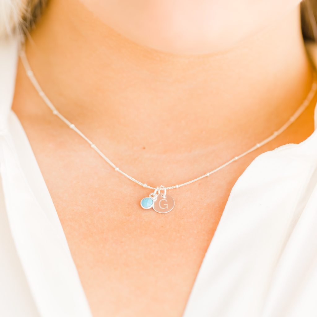 Initial Disc and Birthstone Necklace in Sterling Silver