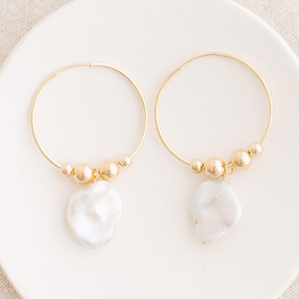 Gold Bead Pearl Hoop Earrings - Image 2